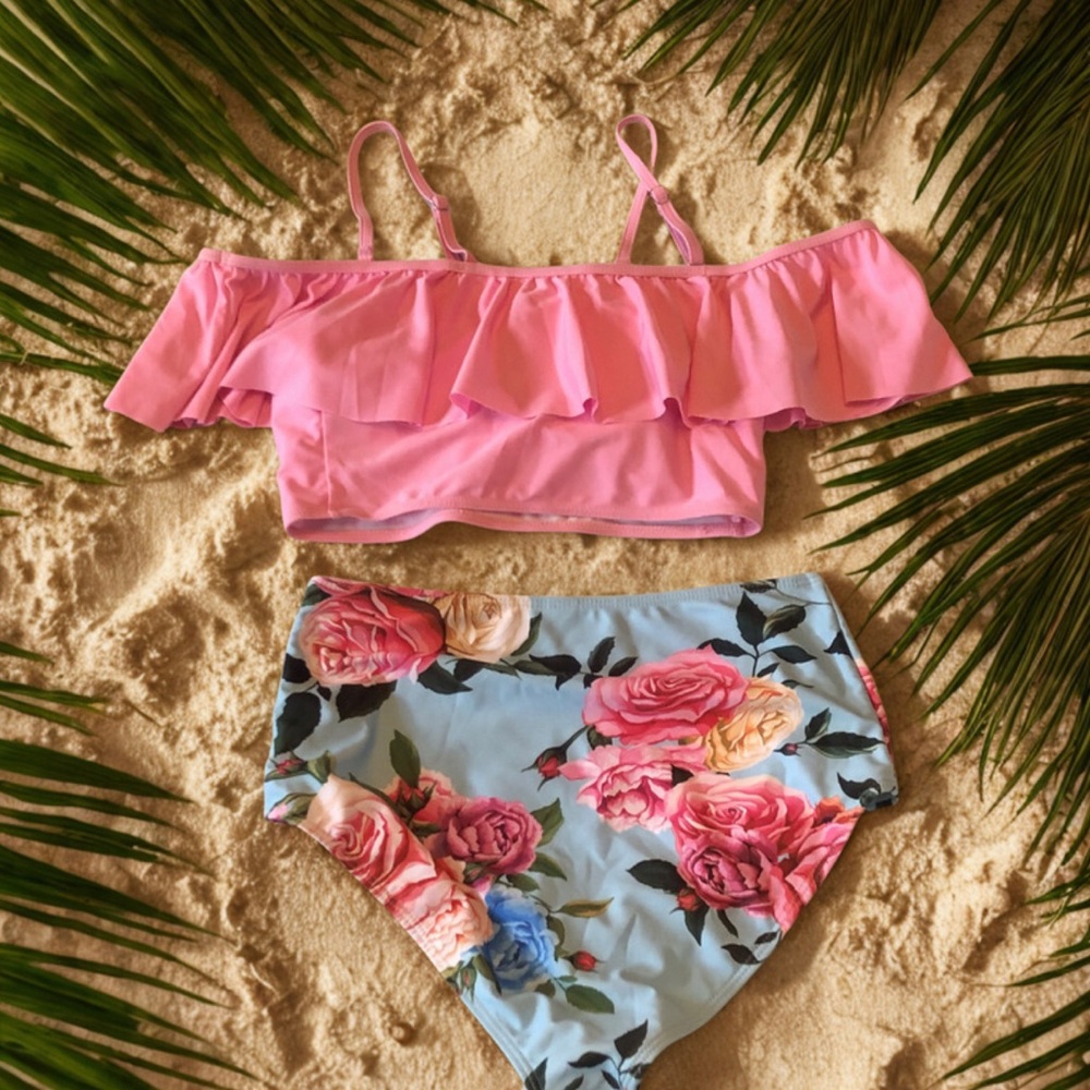 Pink Ruffle Bikini Top with Floral High-Waist Bottom